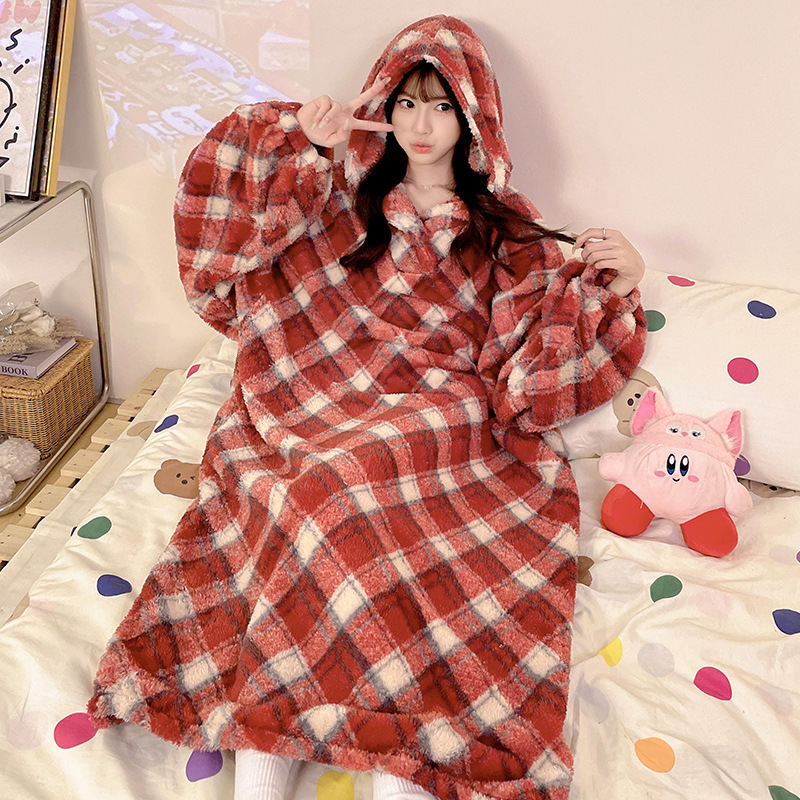 Hooded Nightgown for Women, Large Size 100kg Flannel, Plus-Size mm Maternity Coral Fleece Long Thickened Winter Robe Hooded Nightgown for Women, Large Size 100kg Flannel, Plus-Size mm Maternity Coral Fleece Long Thickened Winter Robe