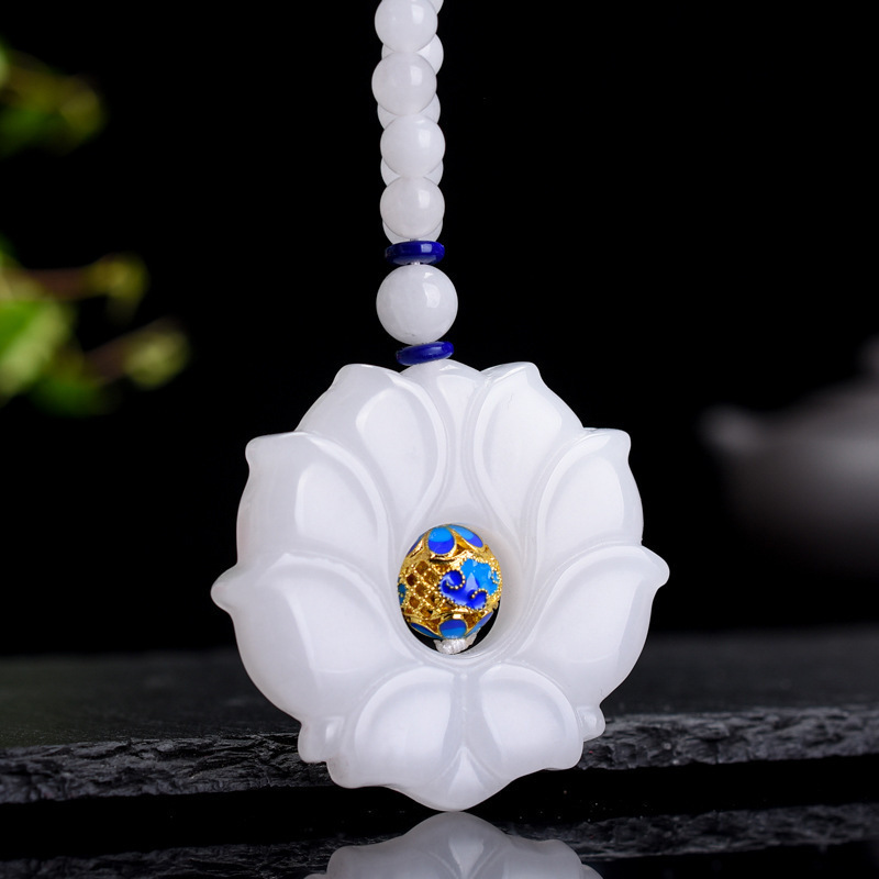 智贝详情图_3金丝玉毛衣链新疆白玉双面莲花项链景泰蓝配饰玉吊