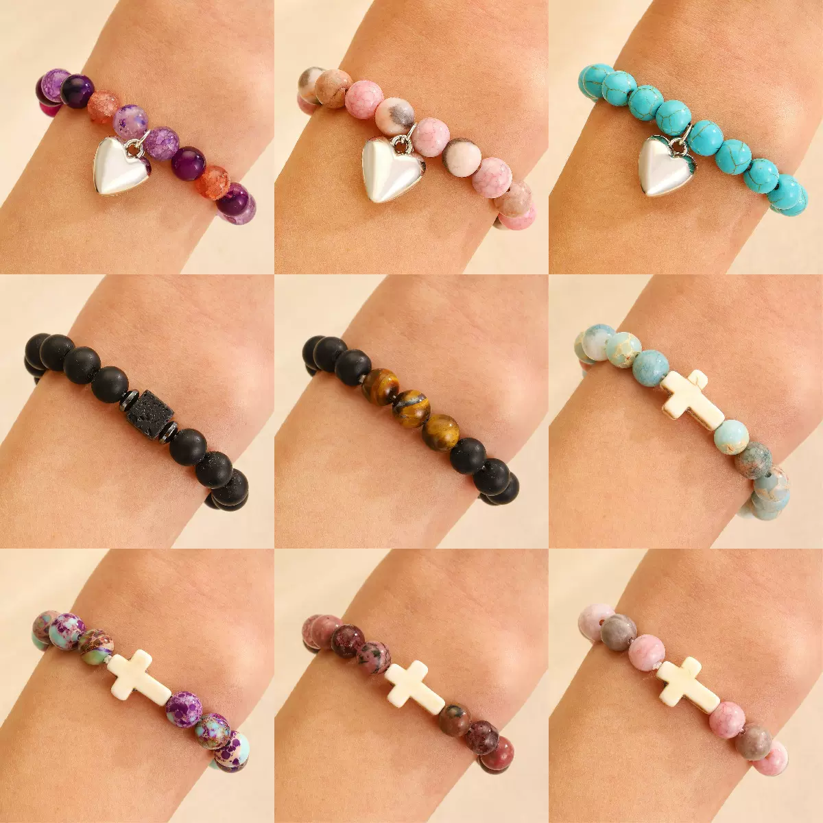 欧美新款绿粉彩色石头串珠手链爱心吊坠编织绳情侣手链尺寸可调节