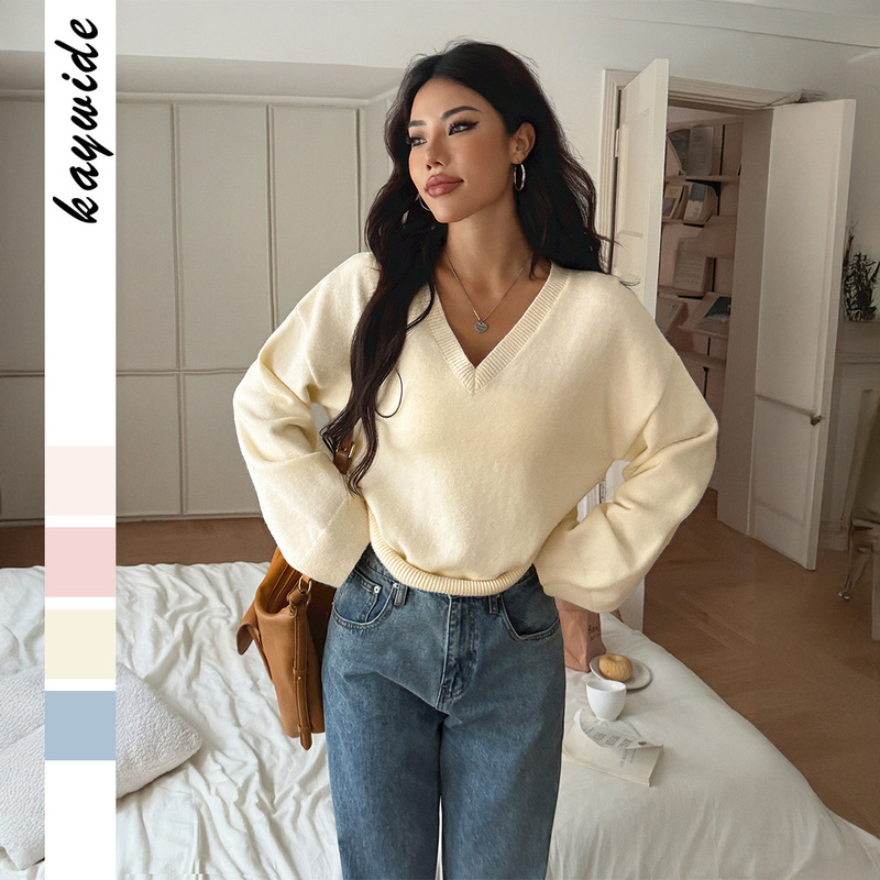 Cross-Border Casual Y2K Spicy Girl Style V-Neck Solid Color Long-Sleeve Knit Top 2025 Autumn and Winter Amazon Independent Site