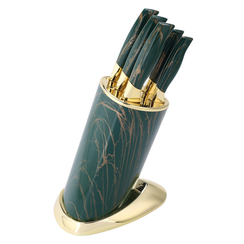 Cuchillo de asiento cilíndrico de doble cabeza galvanizada de seis piezas con cuchillo de acero inoxidable de mármol con caja de color.