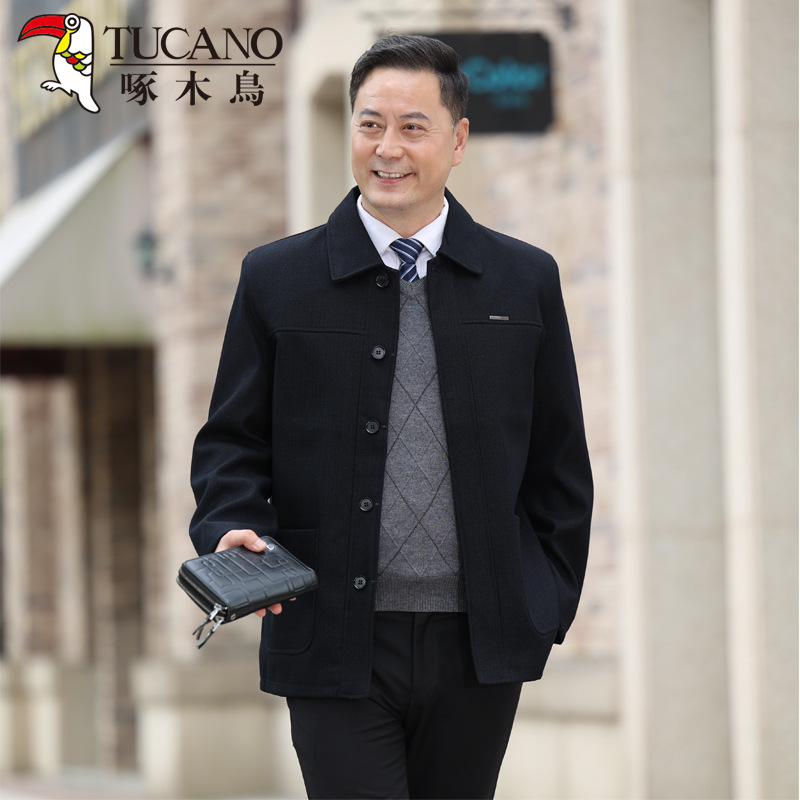 Woodpecker Autumn and Winter Men's Casual Lapel Jacket Men's Middle-Aged and Elderly Outwear Dad's Loose Velvet Men's Clothing