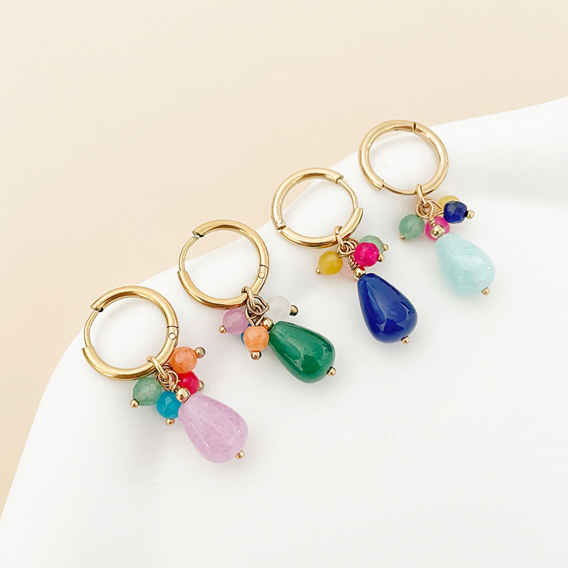 Basic Fashion Simple Style Water Droplets Stainless Steel Plating Metal Natural Stone Drop Earrings 1 Pair display picture 3