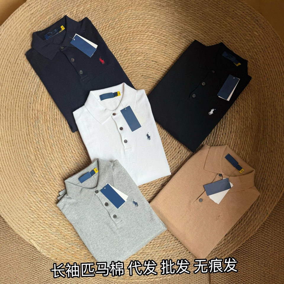 Áo polo nam dài tay cotton thêu hình ngựa nhỏ, cổ bẻ ba cúc, phong cách công sở — Màu kaki, Màu trắng, Màu xanh tím than, màu xám chi tiết 8