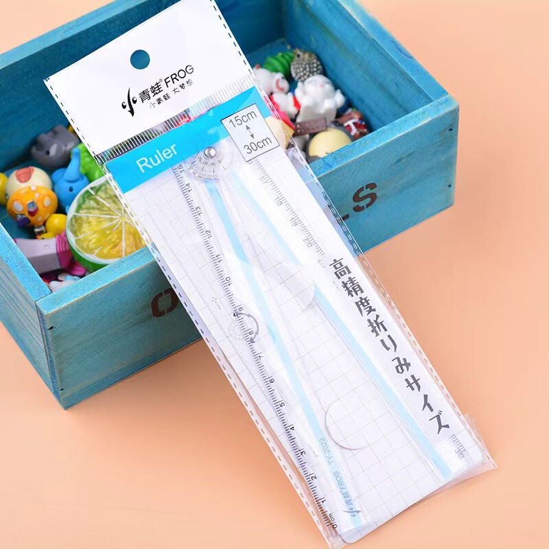 小青蛙透明折尺带波浪线30cm折叠尺子中小学生多功能绘图直尺批发|undefined