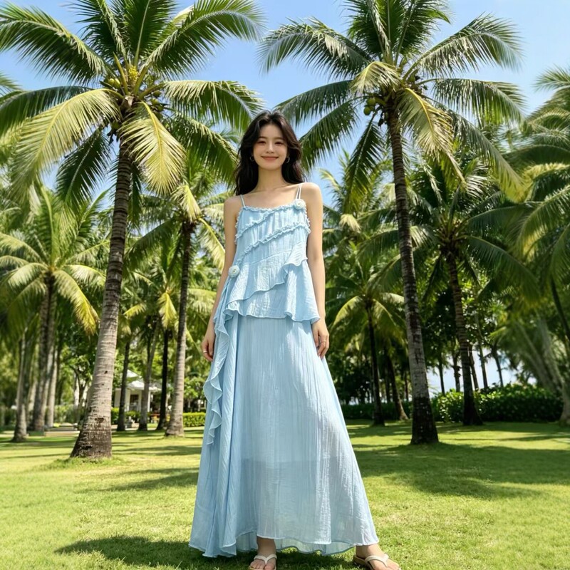 Beach vacation style long strap dress for women, summer French pleated dress with a high-end and atmospheric feel, beach dress Beach vacation style long strap dress for women, summer French pleated dress with a high-end and atmospheric feel, beach dress