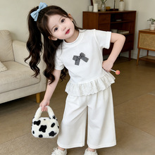 2026夏季女童白色套装蝴蝶结短袖儿童时尚休闲阔腿裤宝宝两件套
