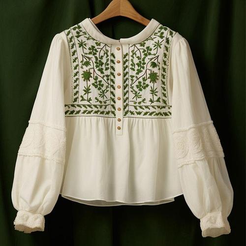 2023 spring and autumn new ethnic style embroidered white shirt with loose design, high-end thin long-sleeved shirt