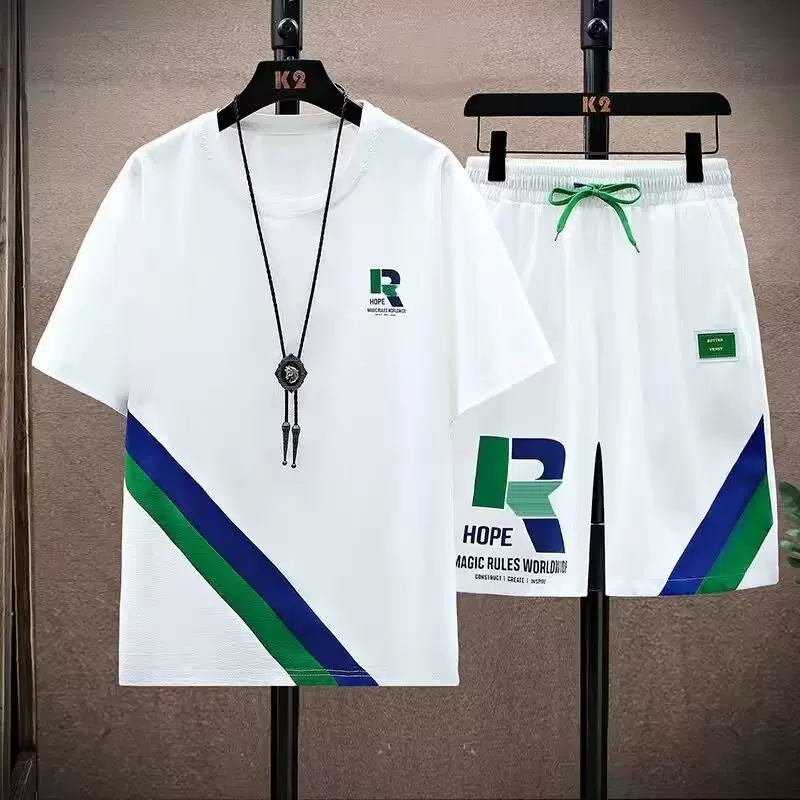 外贸男士运动套装休闲夏季薄款短袖短裤两件套男装速干跑步运动服