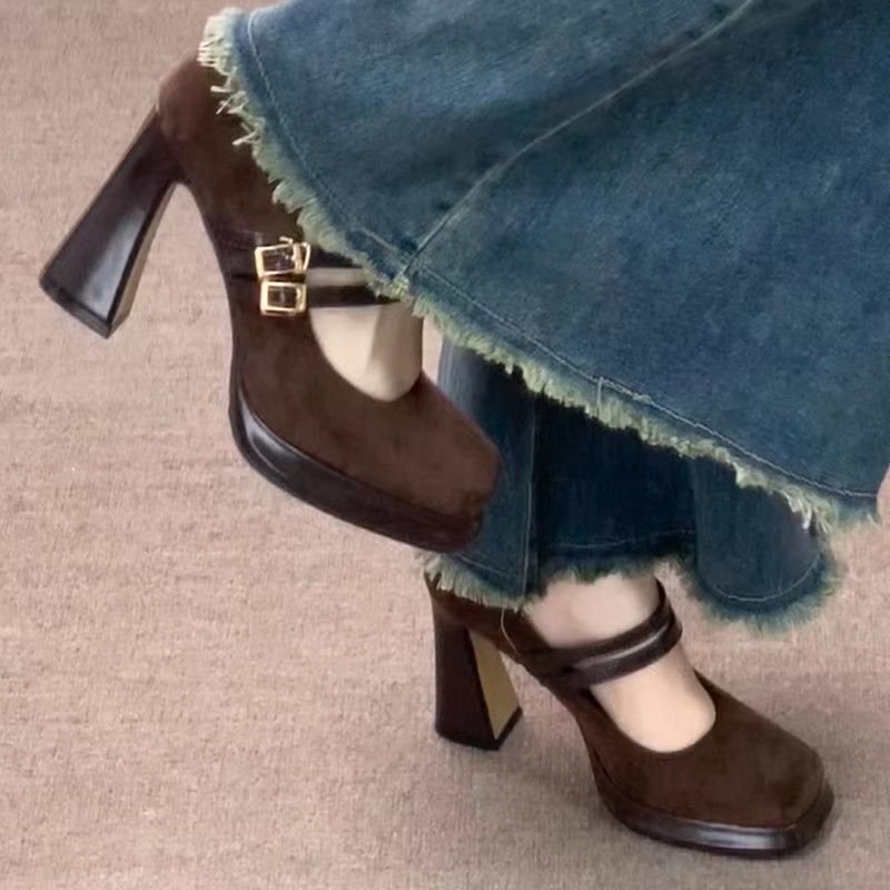 2026 Spring and Autumn New Retro Brown High Heels for Women, Chunky Heel, Square Toe, Mary Jane Shoes for Petite Women