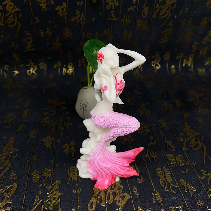 象牙果彩绘雕刻可爱美人鱼小摆件家居客厅桌面装饰工艺品车载摆设