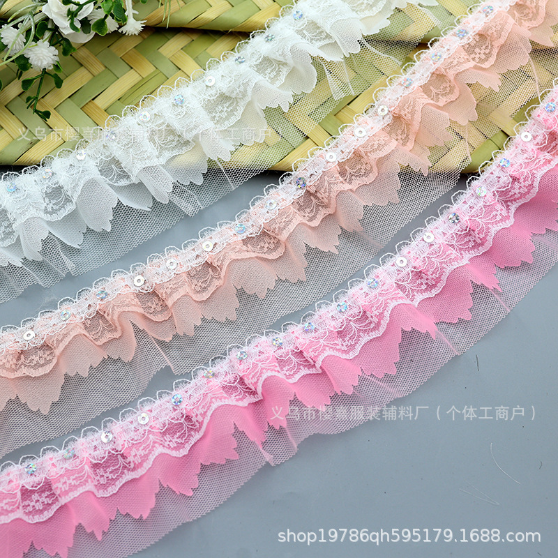 재고 있음 5cm 쉬폰 레이스 더블 레이어 다섯 손가락 꽃 양각 비탄성 레이스 메쉬 DIY 홈 텍스타일 할인 주름 레이스