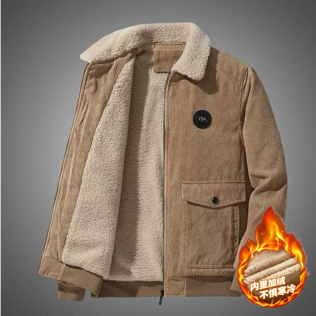 Cross-border corduroy and lambskin work jacket for men, autumn and winter, loose fit, fleece-lined, thickened casual baseball jacket.