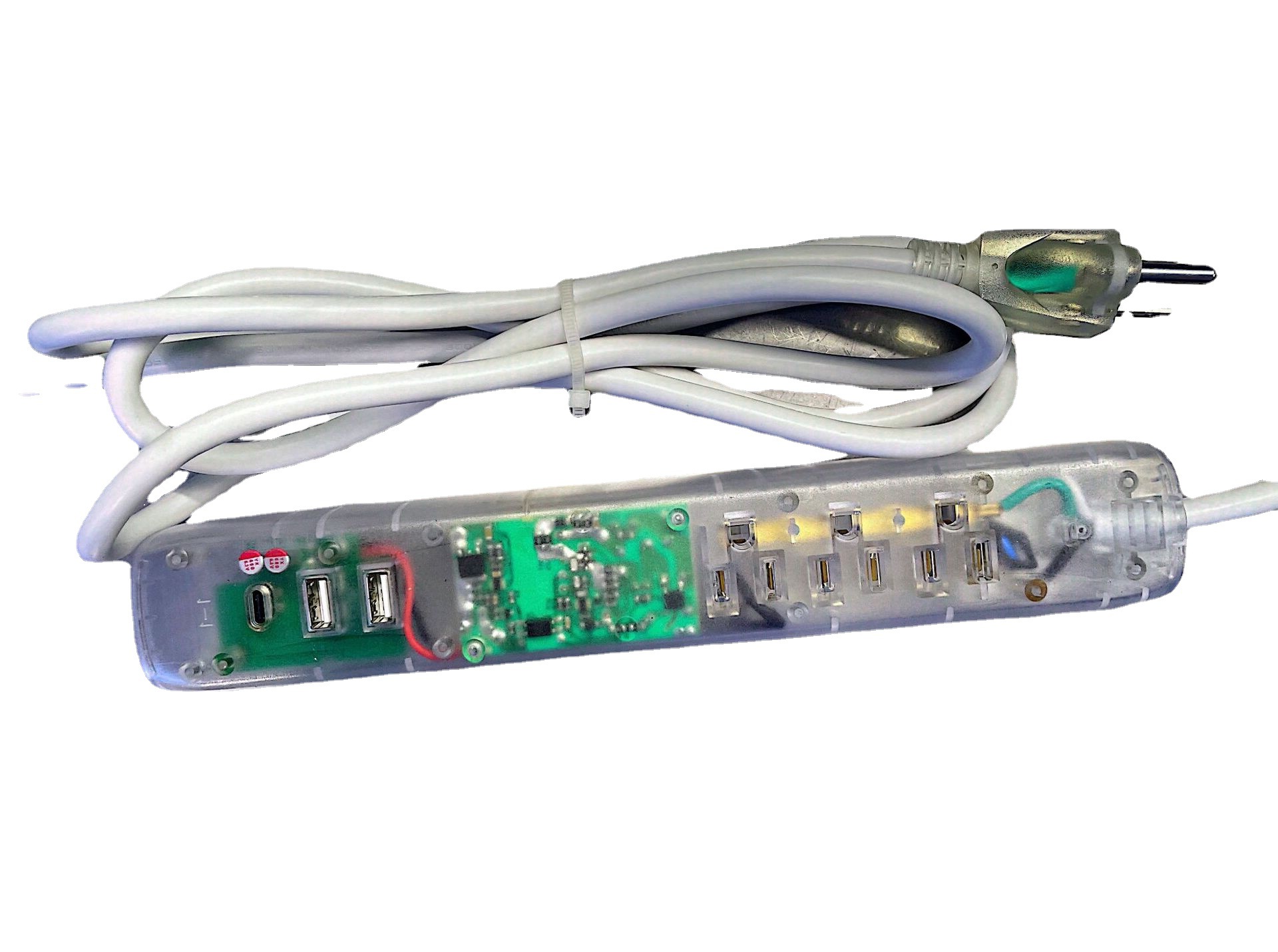 美标三芯三孔带灯多功能透明拖线板 美规三插带USB防雷插排