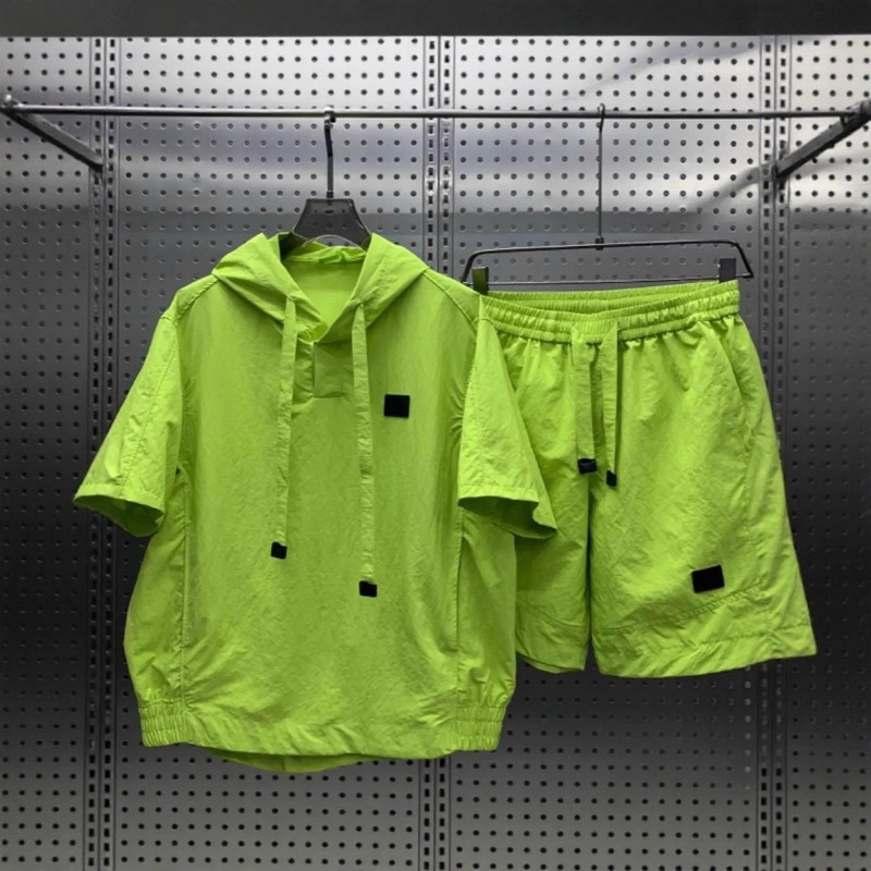 Summer Thin Trendy Brand Simple Sports Hooded Sweatshirt Short-Sleeved Shorts Two-Piece Set Men's Loose Casual Fashion Suit