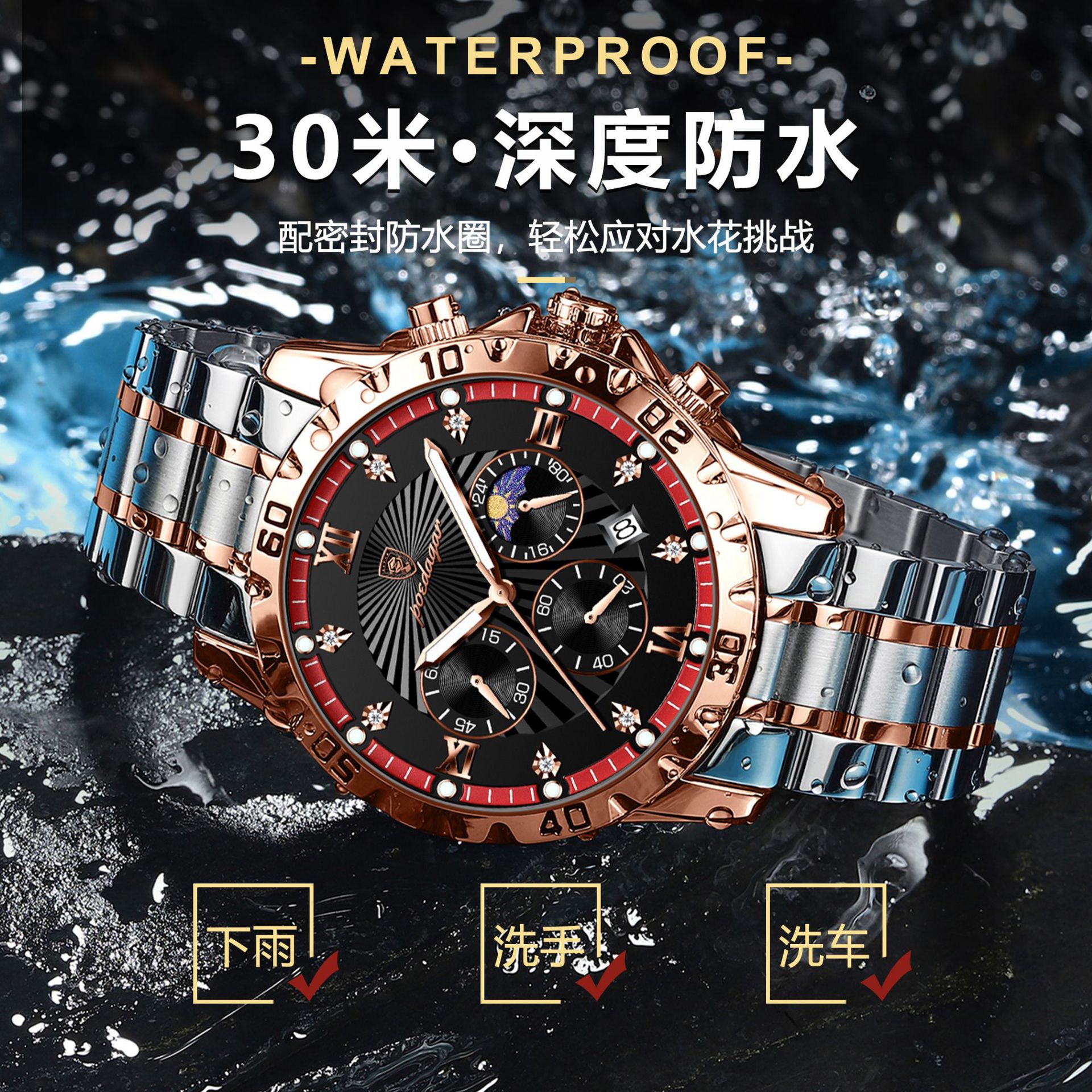 Marca suiza multifuncional reloj de cuarzo para hombre moda reloj luminoso para hombre en vivo comercio exterior estilo caliente entrega de una pieza