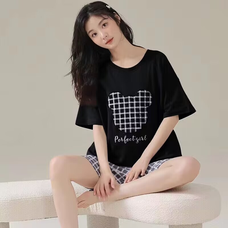 Cute Women's Single Home Clothes suit Pajamas Women's Summer Cartoon Short-sleeved Shorts Summer Extras Large Size Outer Wear