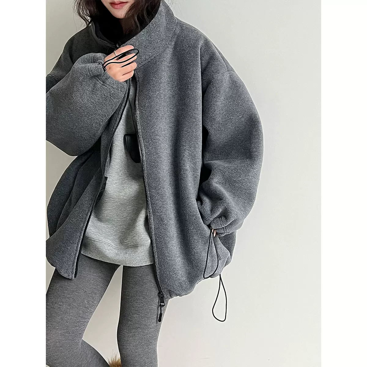 鹿西 韩系气质加厚双面摇粒绒立领秋冬新款撞色宽松卫衣外套2143