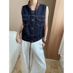 司南 配丝巾 复古深蓝色撞色外缝线宽松显瘦牛仔马甲外套 SN8007