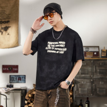 赏云 2024美式复古高街花色字母短袖T恤男士街头日系宽松休闲上衣