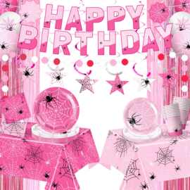跨境万圣节粉色蜘蛛网主题生日派对餐具纸盘纸杯拉旗气球吊旋用品