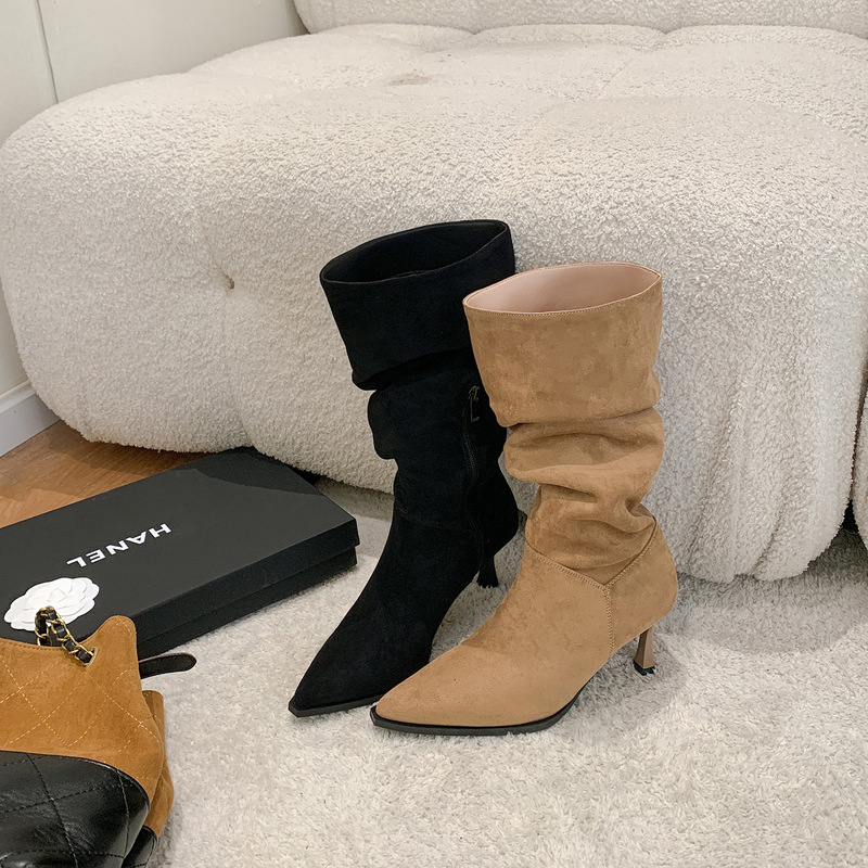 Unique High-Heeled Boots, Pointed-Toe Slim Boots, Mid-Length Boots, Women's Boots, New Autumn and Winter Khaki Color Slouchy Boots, Long Boots