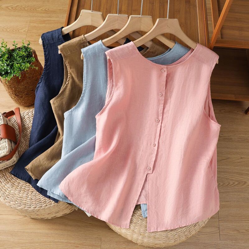 Simple and Elegant Cotton and Linen Sleeveless Shirt Vest for Women Summer Single-Breasted Round Neck Top Linen Two-Wear Design Shirt