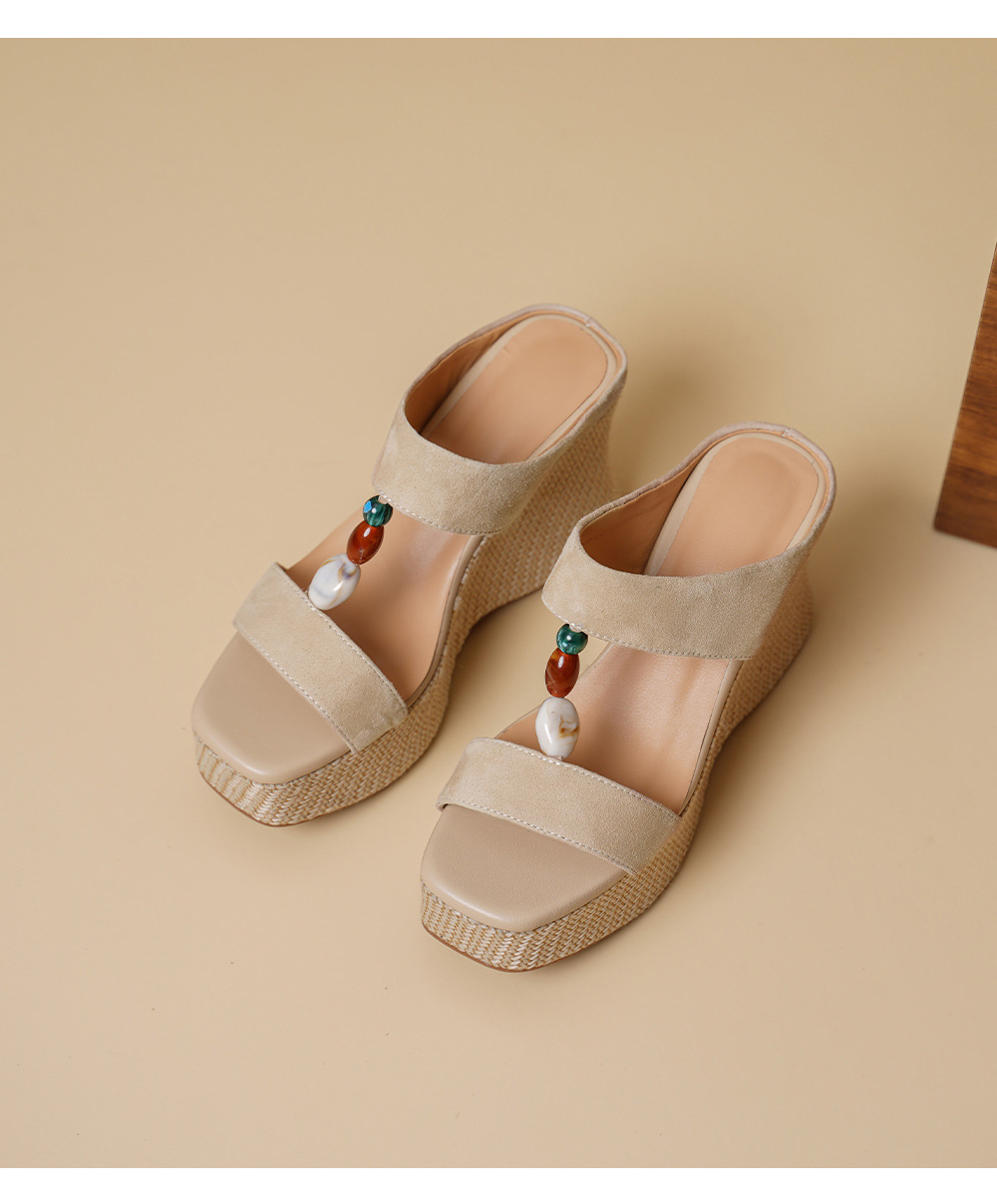 Sandal cao gót nữ hở mũi đế xuồng đan rơm gót 10 cm — màu nâu, màu mơ chi tiết 13
