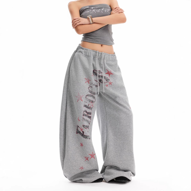 Spring and Autumn American Retro Distressed Letter and Star Print Sweatpants, Fleece-Lined, Loose Straight-Leg Wide-Leg Elastic Waistband Sports Pants Spring and Autumn American Retro Distressed Letter and Star Print Sweatpants, Fleece-Lined, Loose Straight-Leg Wide-Leg Elastic Waistband Sports Pants