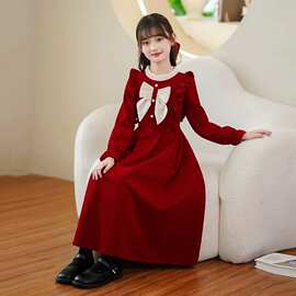 女童公主裙秋冬新款洋气中大童蝴蝶结连衣裙冬季小女孩红色新年服