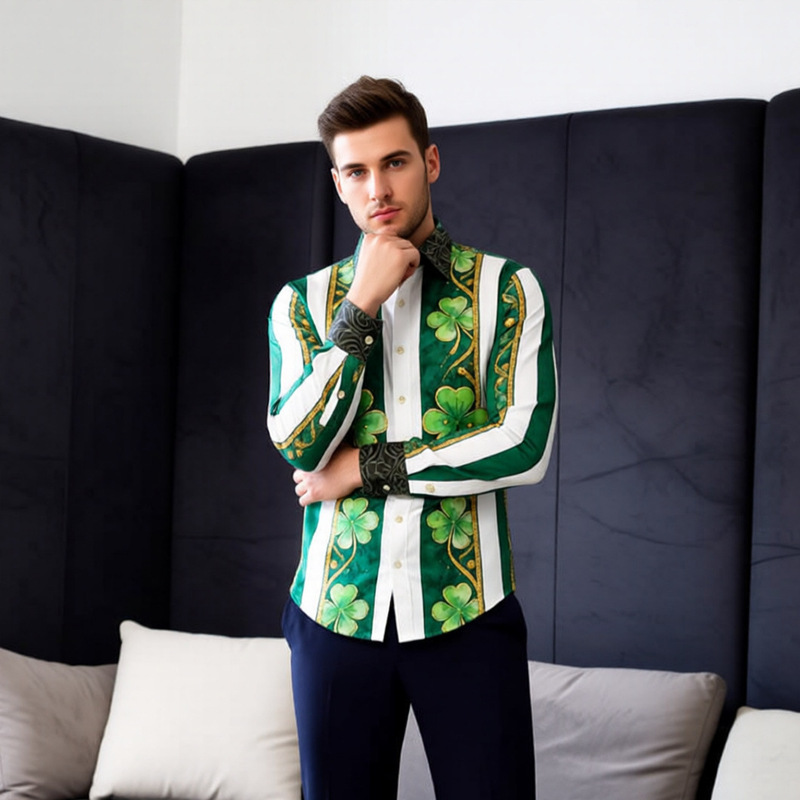 European and American Cross-Border Digital Print White Striped Clover Long-Sleeve Shirt for St. Patrick's Day, Factory Supply