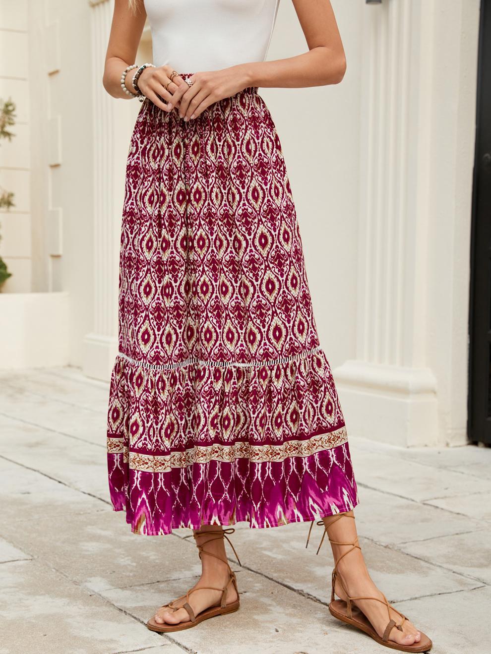 Bohemian European American Style Rayon Printed A-line Midi Skirt Vacation, Beach, And Seaside, With A Large Hemline For_ecoleips.com