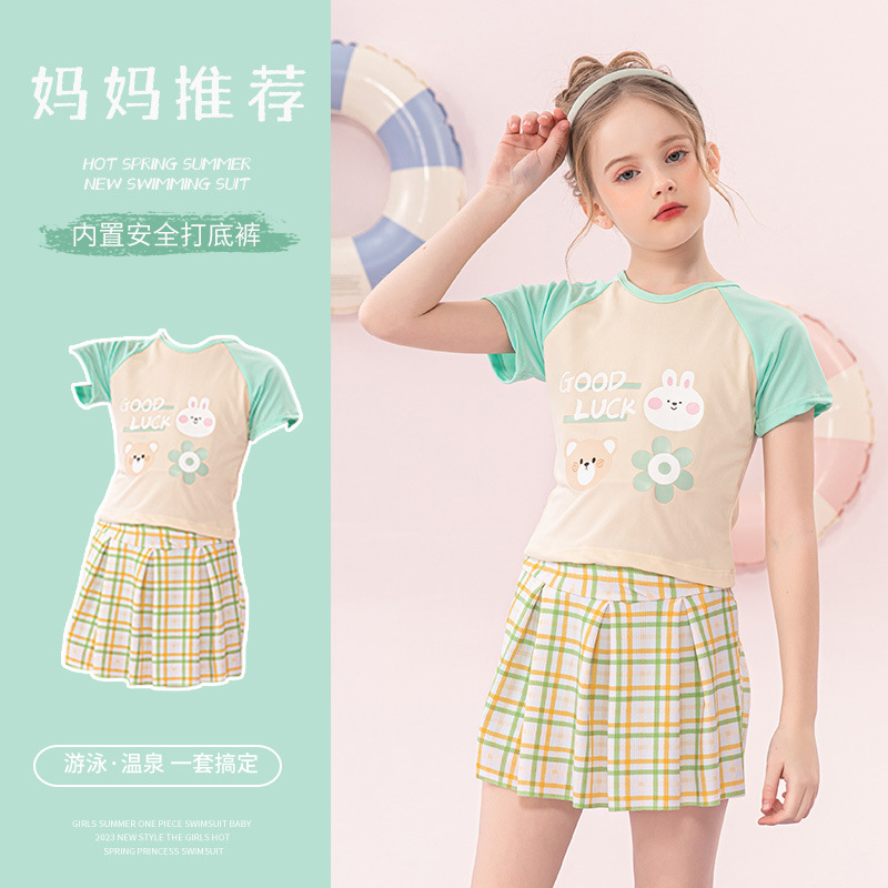 Traje de baño nuevo de verano para niñas, diseño a cuadros con bloques de color, conjunto conservador de dos piezas para niñas mayores, elegante traje de baño para aguas termales.