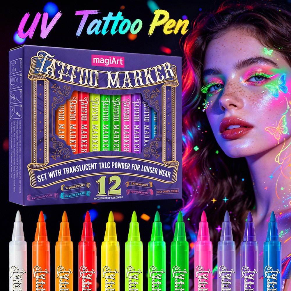 Cross-Border 12-Color Uv Glow-In-The-Dark Tattoo Pen for World Cup, Festival Parties, Body Painting, Graffiti, Quick-Drying Fluorescent Pen