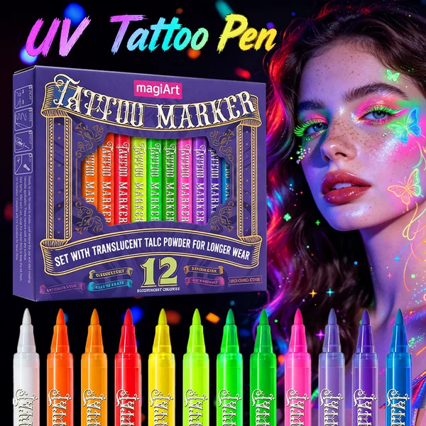 Cross-Border 12-Color Uv Glow-In-The-Dark Tattoo Pen for World Cup, Festival Parties, Body Painting, Graffiti, Quick-Drying Fluorescent Pen