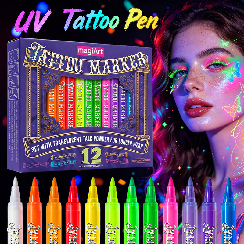 Cross-Border 12-Color Uv Glow-In-The-Dark Tattoo Pen for World Cup, Festival Parties, Body Painting, Graffiti, Quick-Drying Fluorescent Pen Cross-Border 12-Color Uv Glow-In-The-Dark Tattoo Pen for World Cup, Festival Parties, Body Painting, Graffiti, Quick-Drying Fluorescent Pen