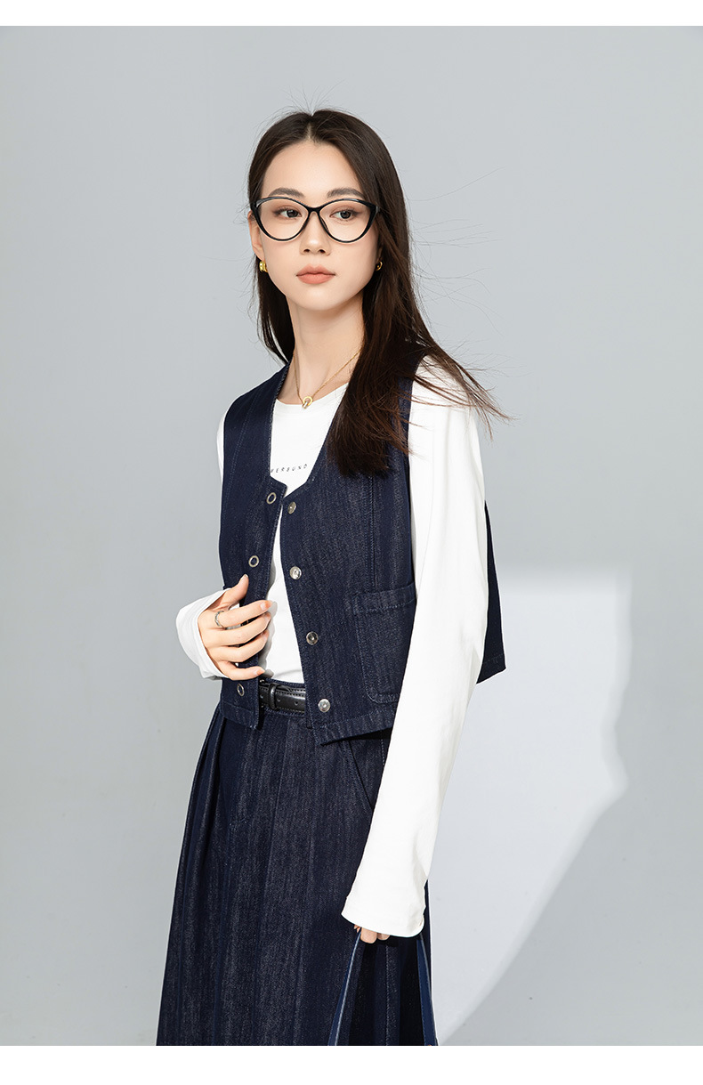 Bộ chân váy denim và áo gilê kiểu Pháp phong cách Hồng Kông, mặc nhiều lớp, thời trang dạo phố — Váy xanh 65338 chi tiết 32
