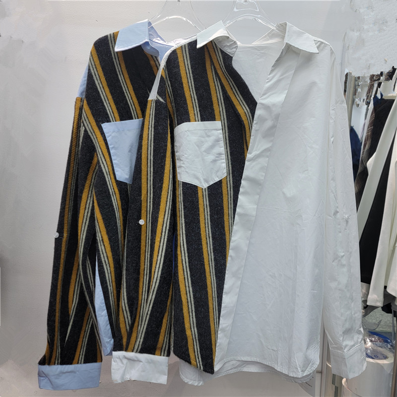 Gran tamaño francés de cuello en V falso dos piezas de camisa de mangas largas mujeres primavera 2026 nueva camisa de punto empalmado camisa de punto cardigan camisa superior image 1