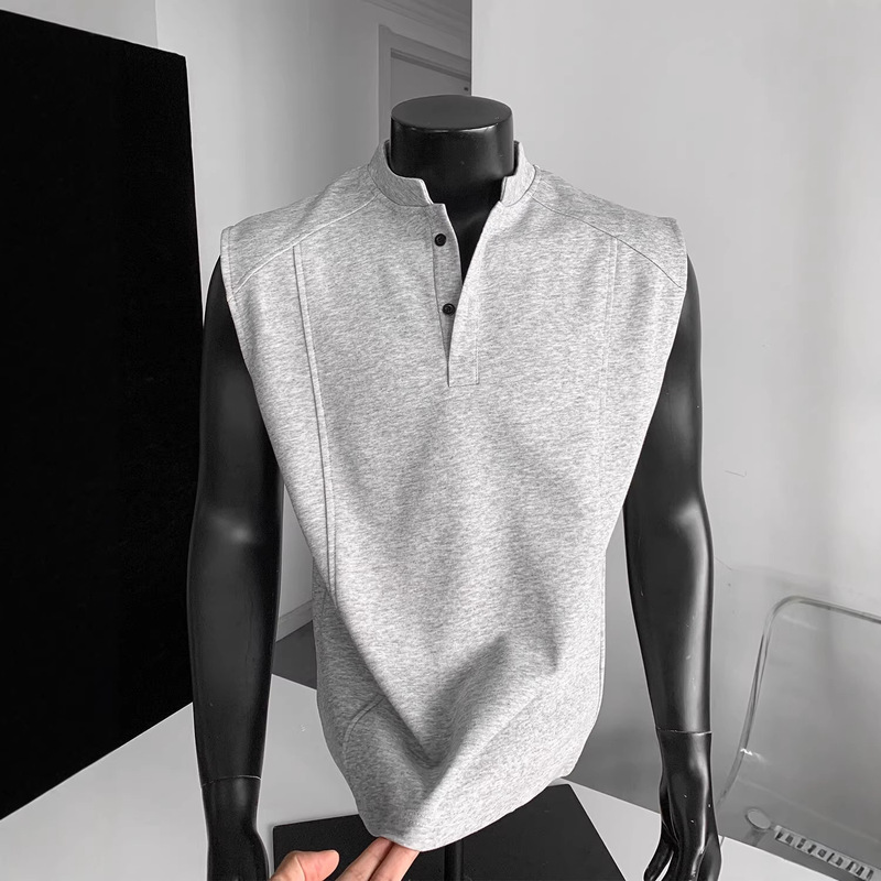 Cross-Border Deconstructed Henley Collar Vest for Men, Summer Outerwear, American Style Heavyweight Sleeveless T-Shirt, High-End Loose Fit Tank Top Cross-Border Deconstructed Henley Collar Vest for Men, Summer Outerwear, American Style Heavyweight Sleeveless T-Shirt, High-End Loose Fit Tank Top