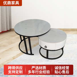 圆形茶几组合家用客厅带抽屉铁架岩板茶几小户型现代简约套几茶桌
