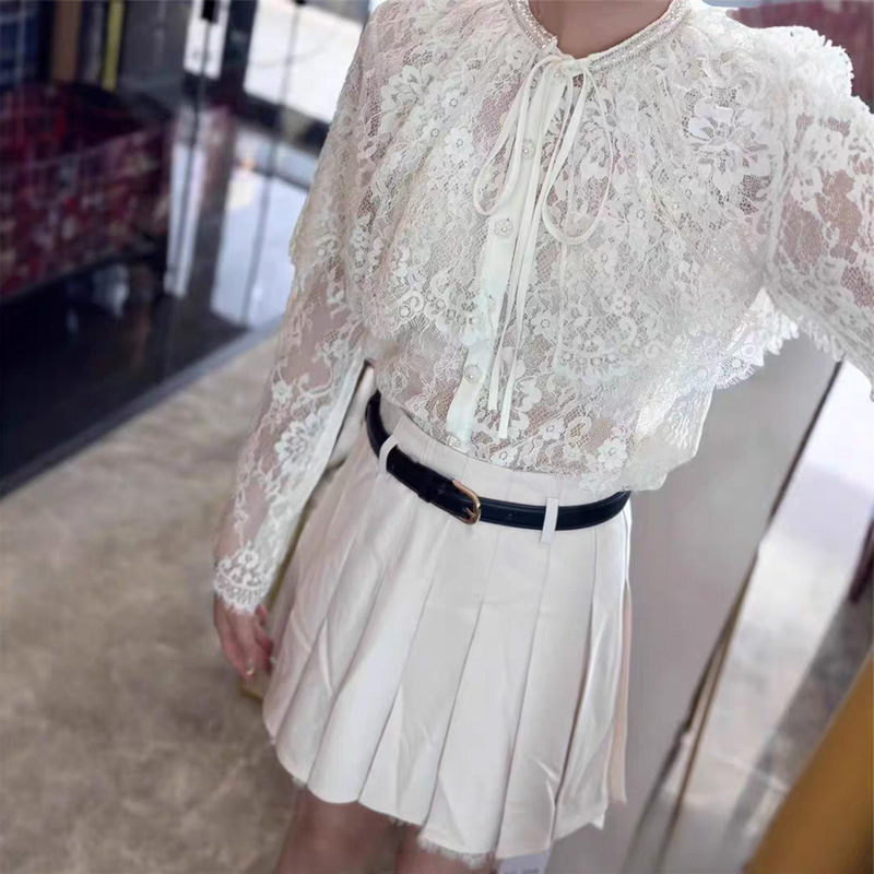 French-Style Niche Early Autumn New White Lace Patchwork Rhinestone Cape Shirt Top Fashionable Age-Reducing Long-Sleeve Blouse