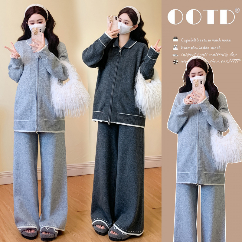 Maternity Fall Outfit Set: Trendy French-Style Cardigan Sweater and Wide-Leg Pants Two-Piece Set for Pregnant Women in Autumn and Winter Maternity Fall Outfit Set: Trendy French-Style Cardigan Sweater and Wide-Leg Pants Two-Piece Set for Pregnant Women in Autumn and Winter