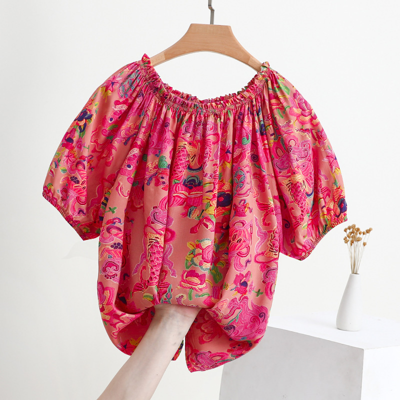 Cotton Short-Sleeve Pastoral Style Off-Shoulder Puff Sleeve Floral T-Shirt for Women, Summer Loose Design Rayon Top Cotton Short-Sleeve Pastoral Style Off-Shoulder Puff Sleeve Floral T-Shirt for Women, Summer Loose Design Rayon Top