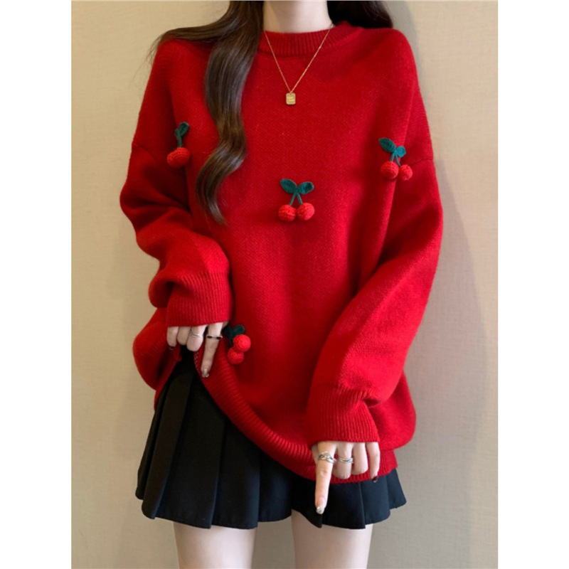 Red Stereo Cherry Knitwear for Women 2025 Autum Large Size Fat mm New Year Christmas Atmosphere Mid-Length Knitwear