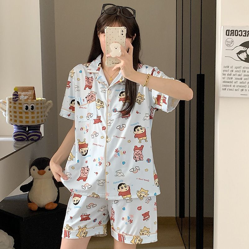 Venta al por mayor transfronteriza nuevo estilo imitación algodón de manga corta pantalones cortos pijamas mujeres rebeca de verano dulce y lindo dibujos animados casual servicio a domicilio