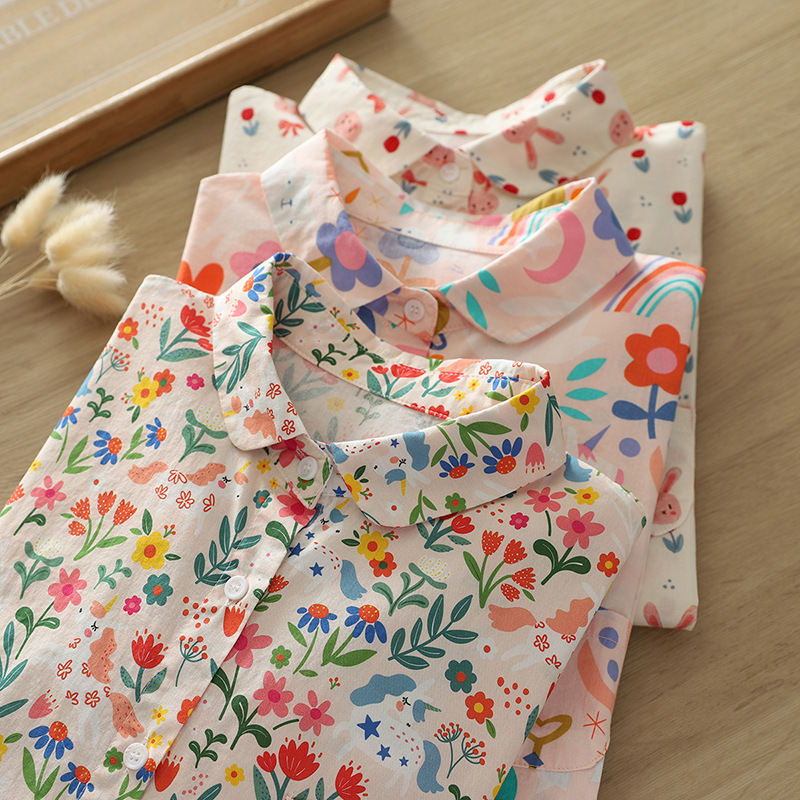Japanese Style Artistic Design 2023 Autumn New Women's Printed Loose Lapel Long-sleeved Shirt Women's Base