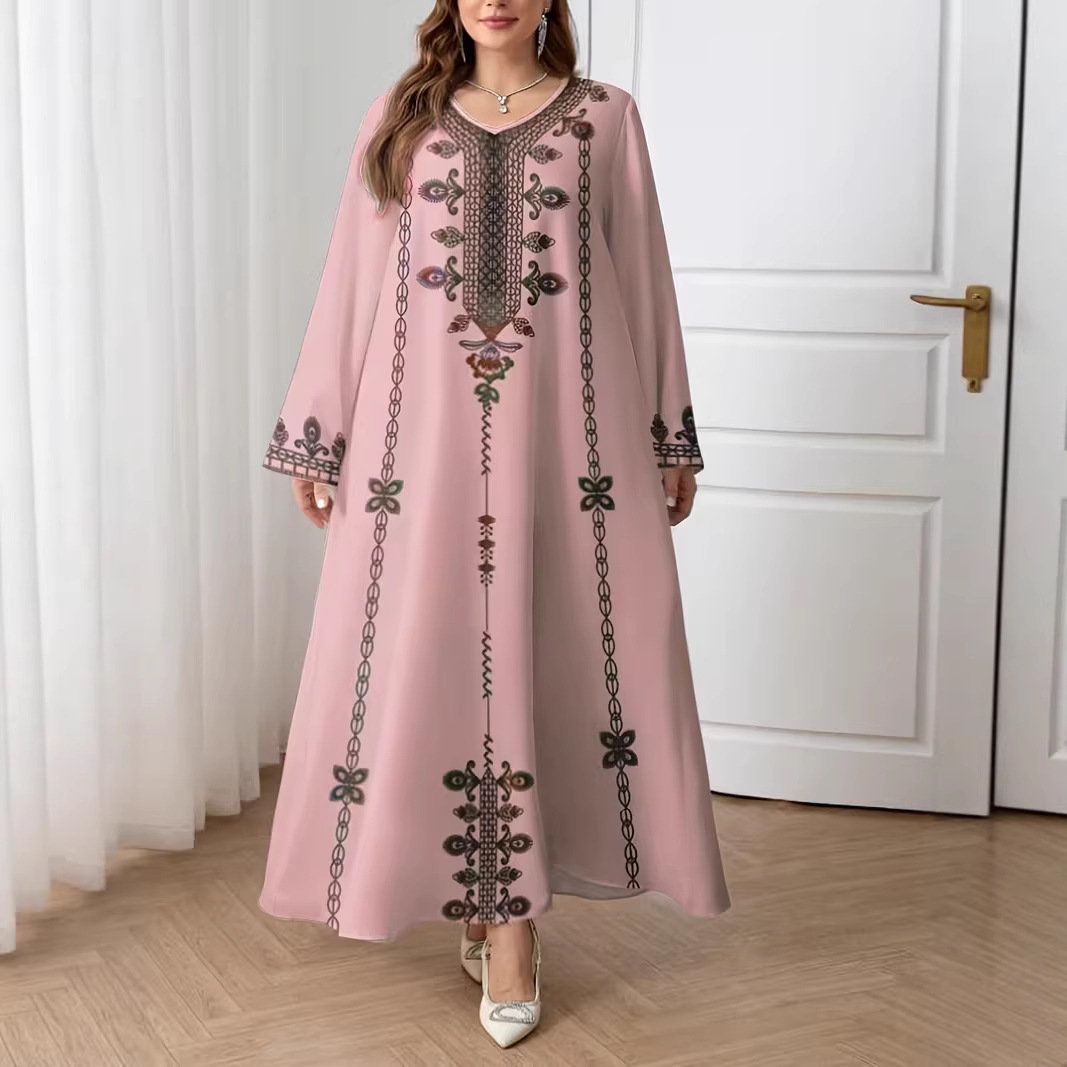 Middle Eastern Cross-border Muslim Women's V-neck Printed Loose Elegant Robe Ethnic Style Long-sleeved Dress Custom-made_ecoleips.com