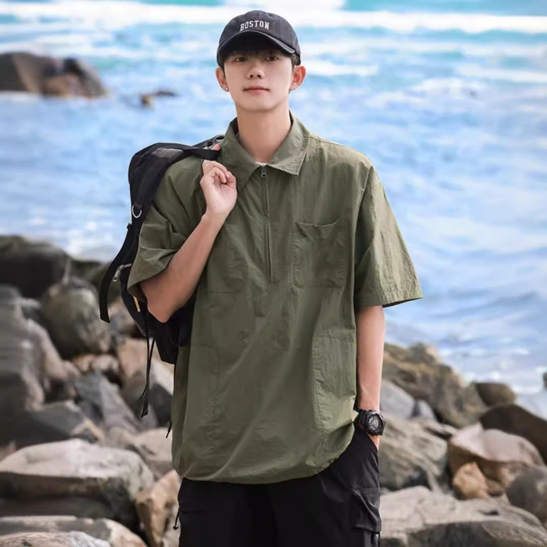 Half zip short shirt, men's summer brand, trendy and cool workwear, half sleeved casual lapel polo shirt_voghion.com