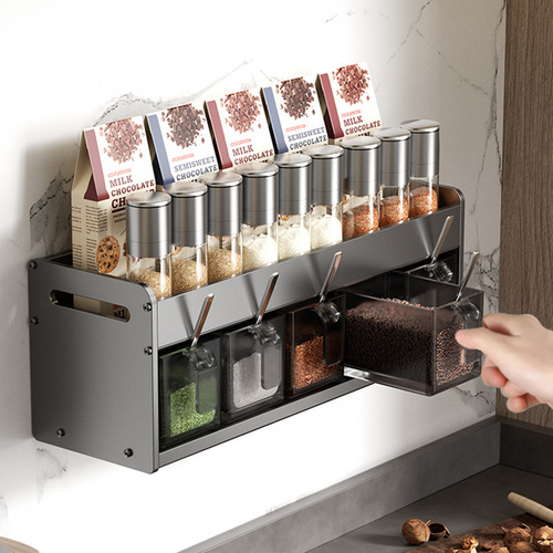 Kitchen spice storage rack multi-functional wall-mounted punch-free spice rack storage box oil, salt, sauce and vinegar storage rack