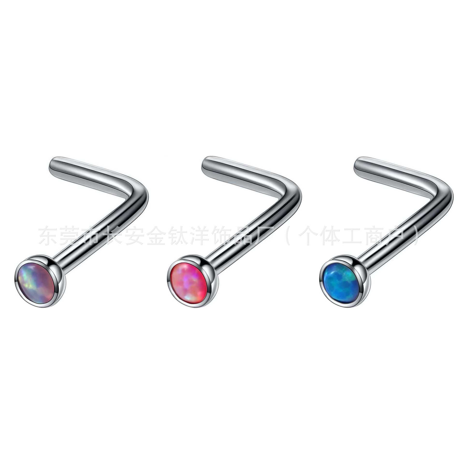 F136 Titanium L-Shaped Opal Nose Stud Nose Ring Lip Stud G23 Titanium Body Piercing Jewelry Nose Ornament detail image 7